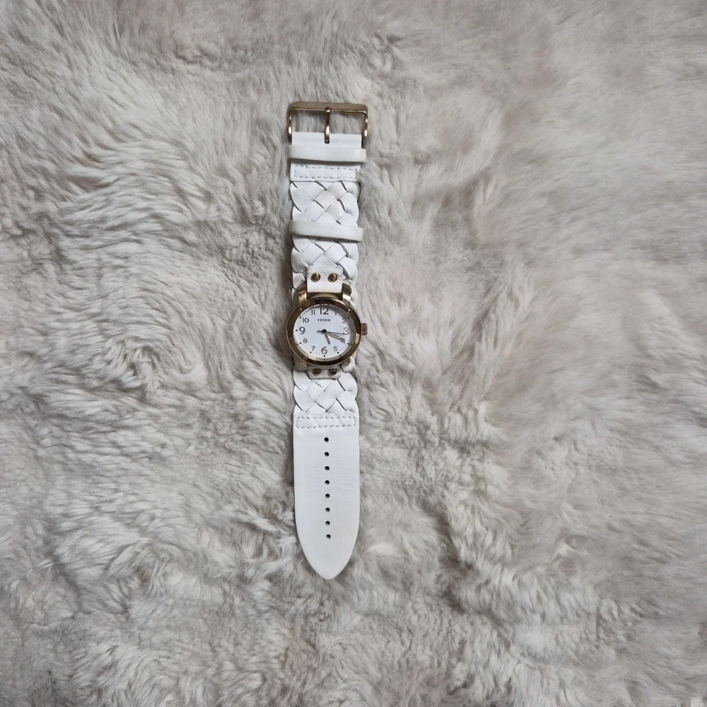 Fossil Watch White Leather Band Braided Detail Gold Tone JR-1291 Western Country